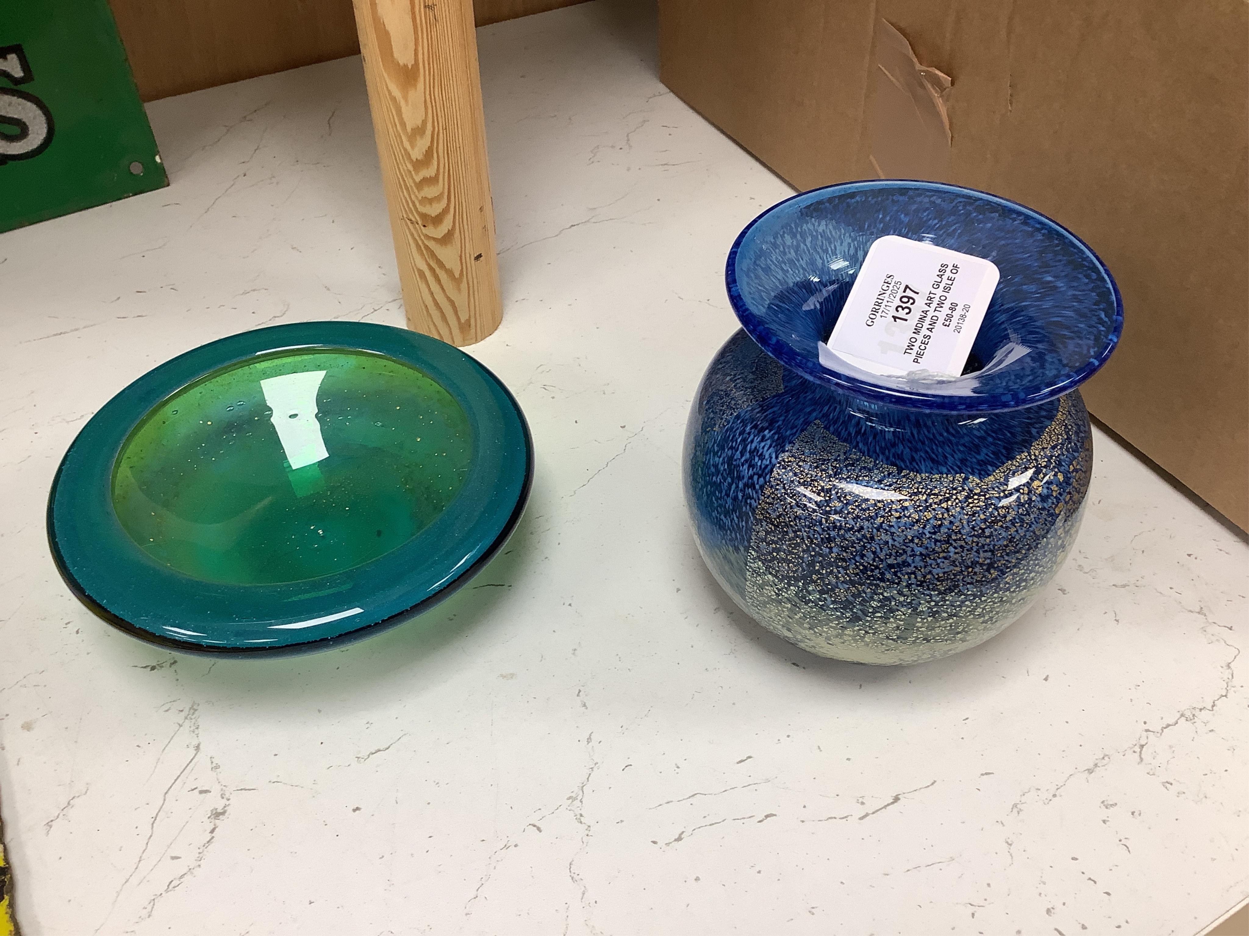 Two Mdina Art glass pieces and two Isle of Wight, 12.5cm